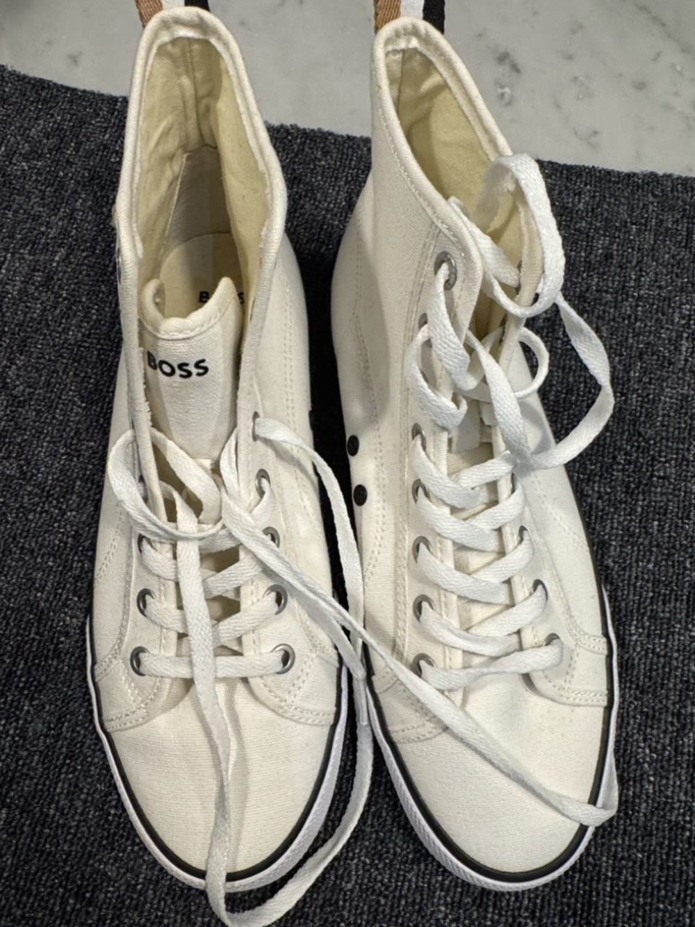 Boss White High-Top Canvas Sneakers with Black Trim
